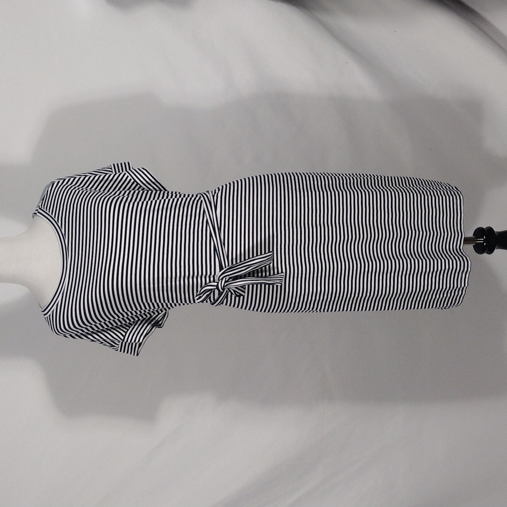 EUC MEROKEETY Tie Waist navy blue and white Striped Pockets Shirt Dress size XL